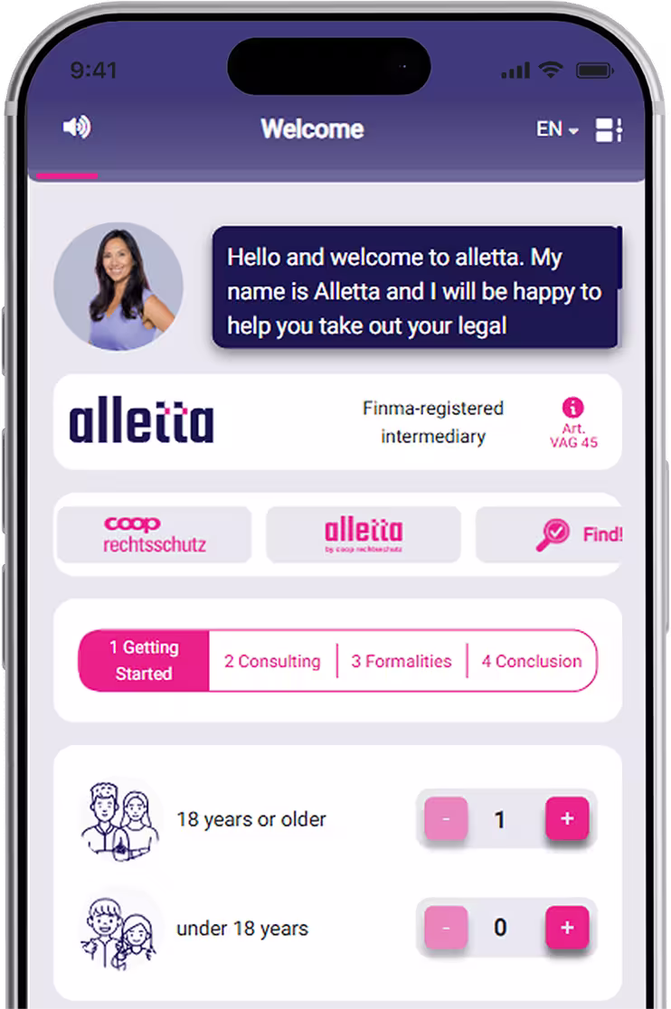 Smartphone showing a legal protection offer in the alletta app