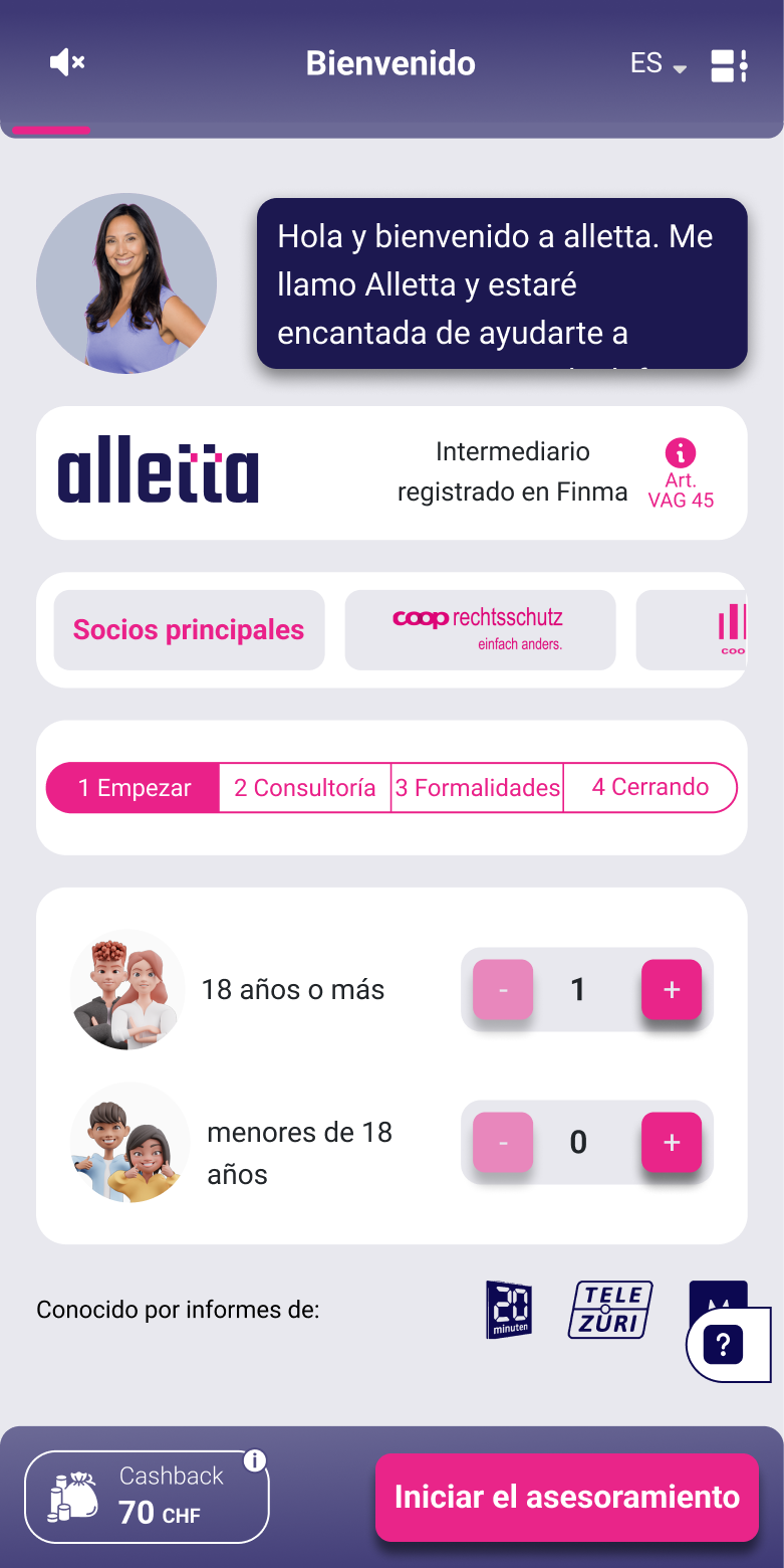 Iniciar la protección jurídica online en alletta: introducir los datos de las personas aseguradas en el proceso de contratación digital.