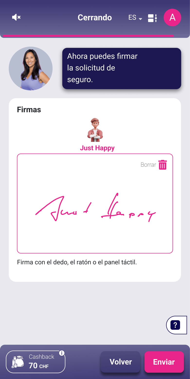 Contrate un seguro de protección jurídica online con alletta: firme la solicitud de seguro digitalmente con su smartphone.