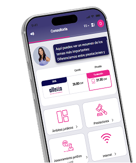 La app de alletta muestra las áreas de protección jurídica para elegir