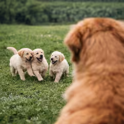 Über die Schulter der Hundemutter sind drei junge süsse Hundwelpen am Waldrand beim Spielen.