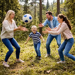 Familie spielt in Waldlichtung zu Viert mit den Händen mit einem Ball